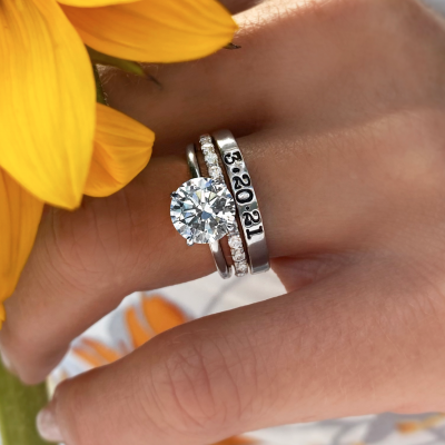 1.5 Ct Round Moissanite & 0.10 Ctw Diamond Hidden Halo Personalized Engagement Ring Stack